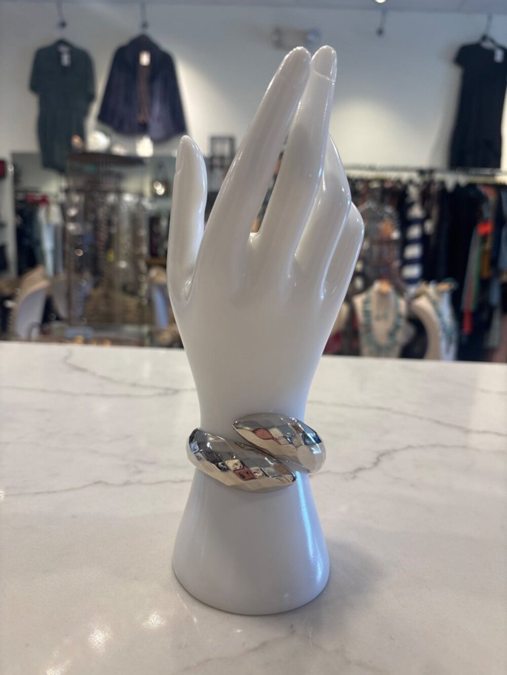 Silver Tone Faceted Hinged Bypass Cuff Bracelet